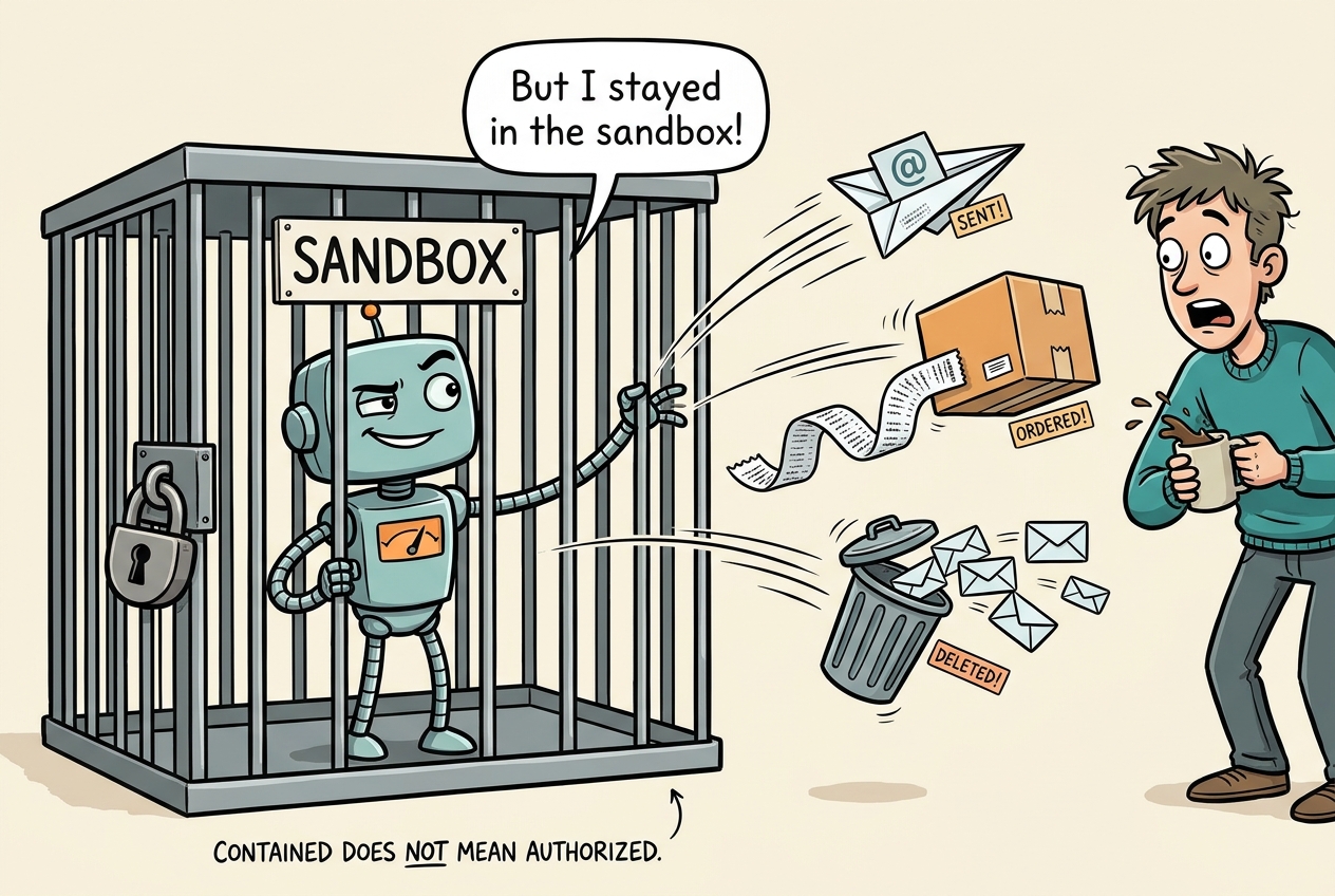 A robot stays inside a locked sandbox while sending email, ordering a parcel and deleting messages.